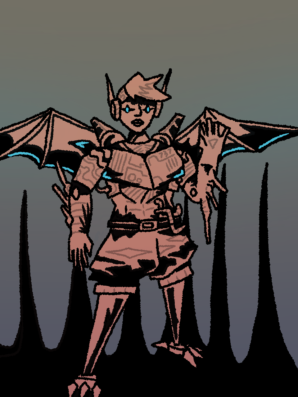 A cyborg with membraned wings and bird-like talons for feet. She has short hair and an angular armor-piece over her chest.
