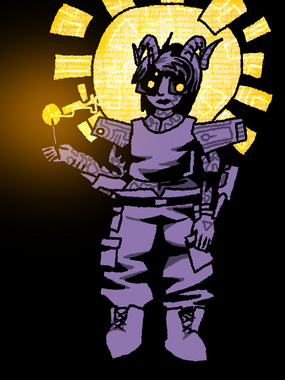 A cyborg with various mechanical chunks on parts of its body, as well as devilish horns. It holds up a stick of data-incense, and is wreathed in complex signals.