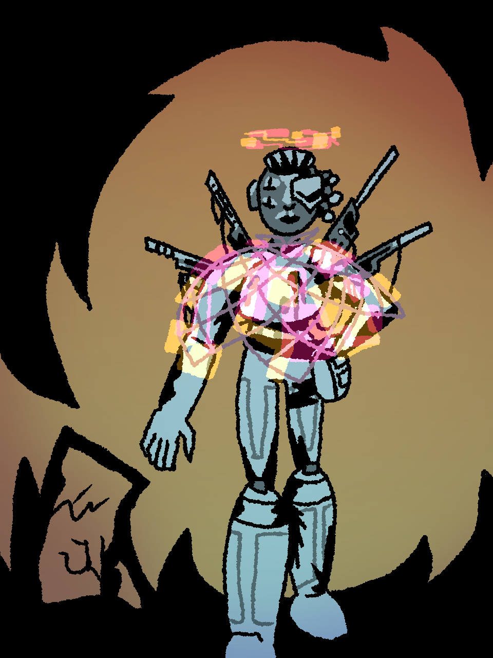 A cyborg with mechanical spikes extending from her back. She's stained by engine grease, and wears a mesh shawl that projects various holographics readouts.