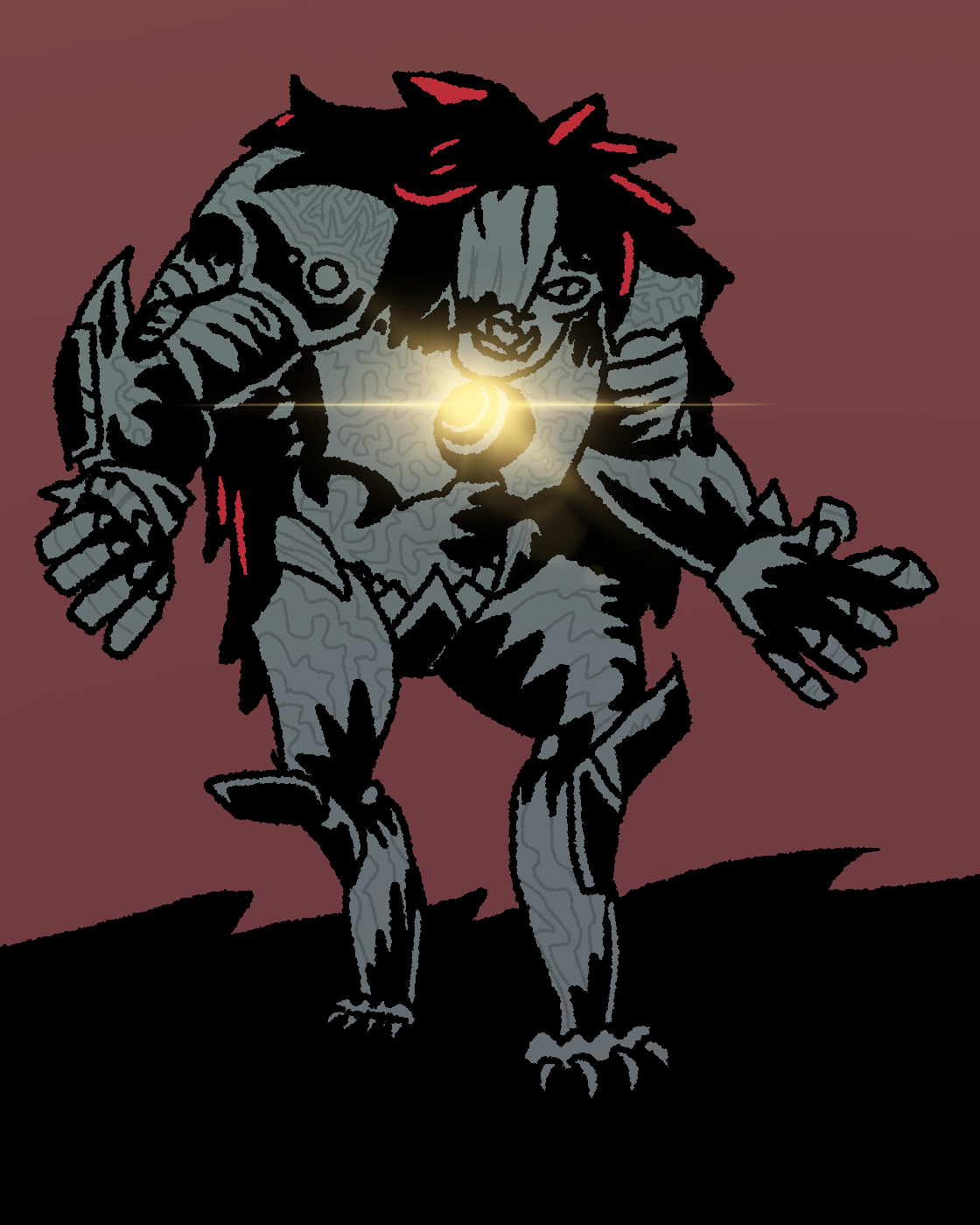 A monstrous cyborg, tall and muscular. It has a huge mess of long hair; a bony plate convering one eye; and a strange glowing device inset into its chest.